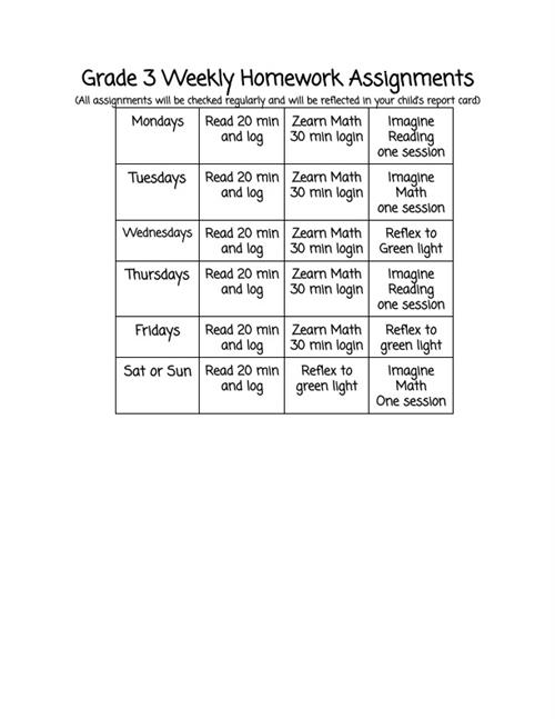 Grade 3 Homework Schedule